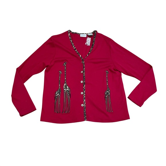 Blair Boutique Sweaters - Blair Womens Medium Unique Red Giraffe Graphic Safari Cardigan Leopard Trim NWOT